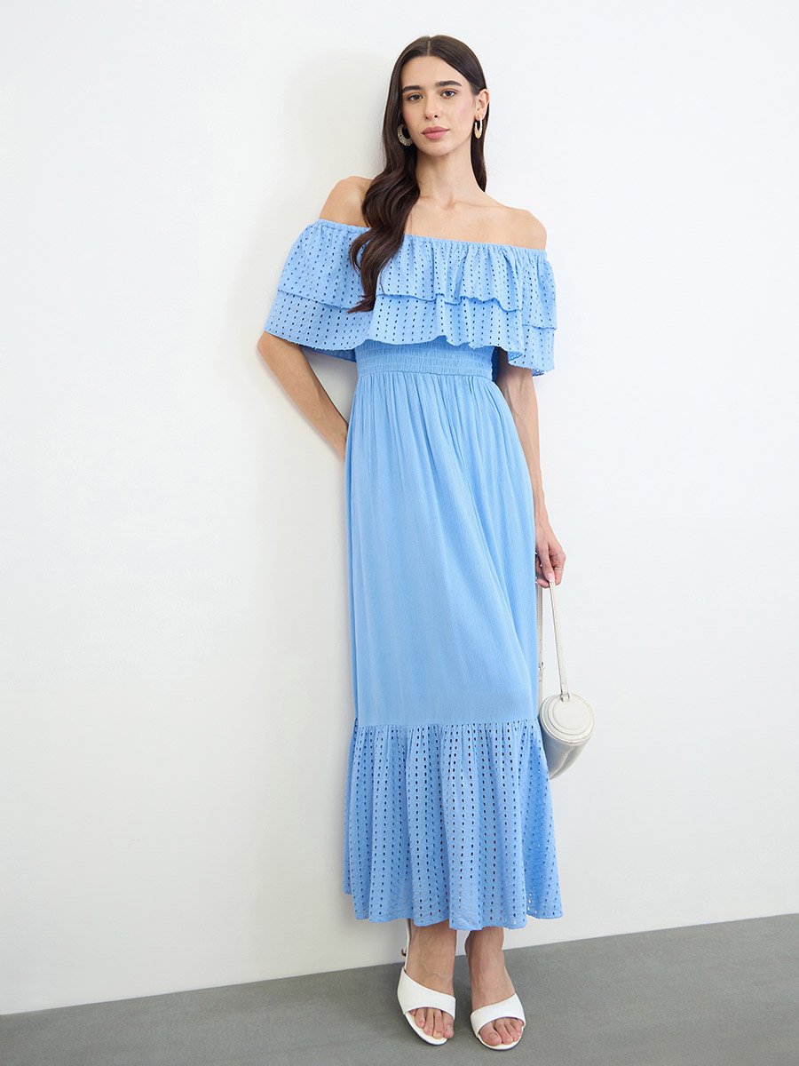 Blue Cotton Schiffli Off-Shoulder Maxi Dress