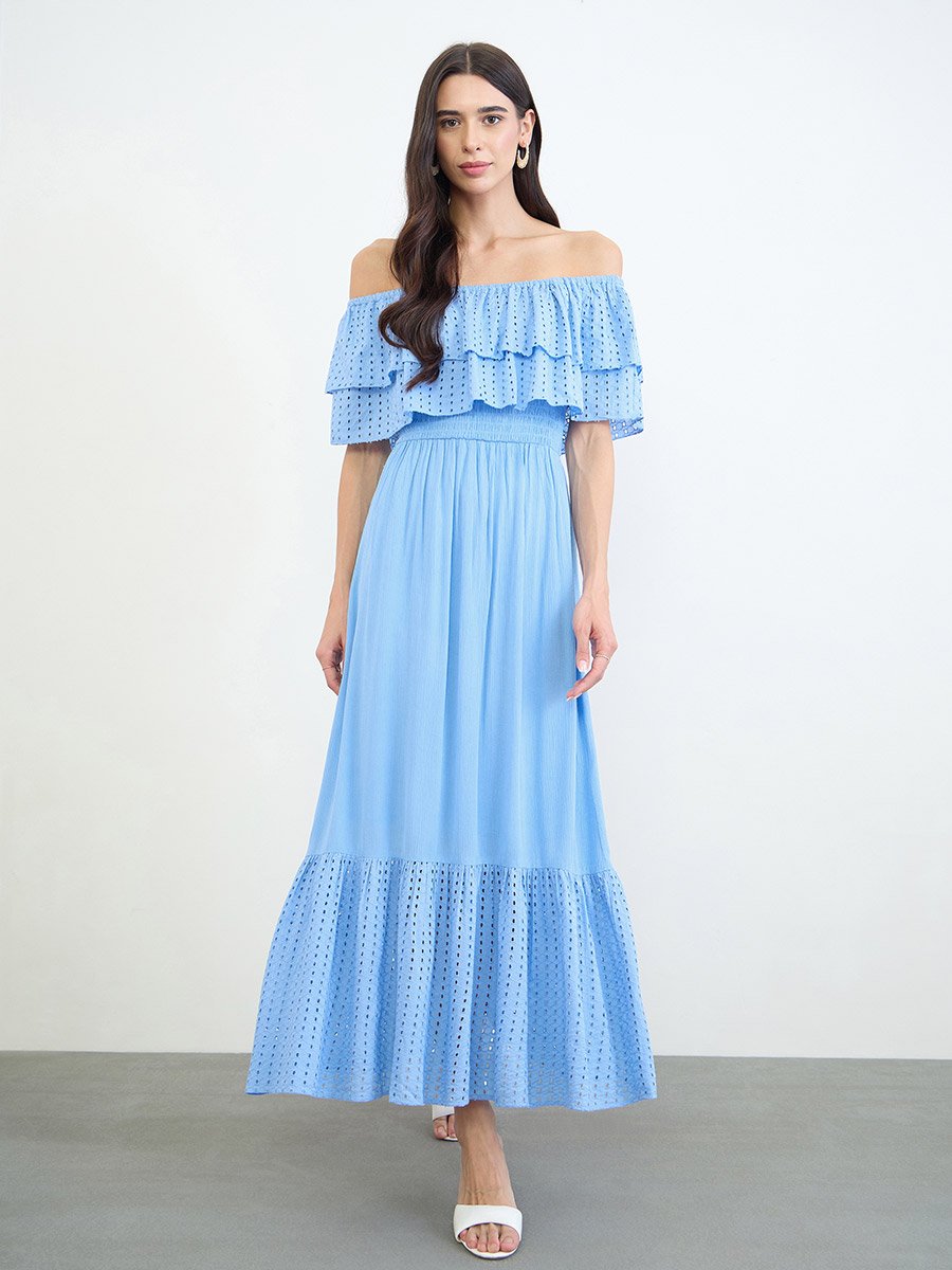 Blue Cotton Schiffli Off-Shoulder Maxi Dress
