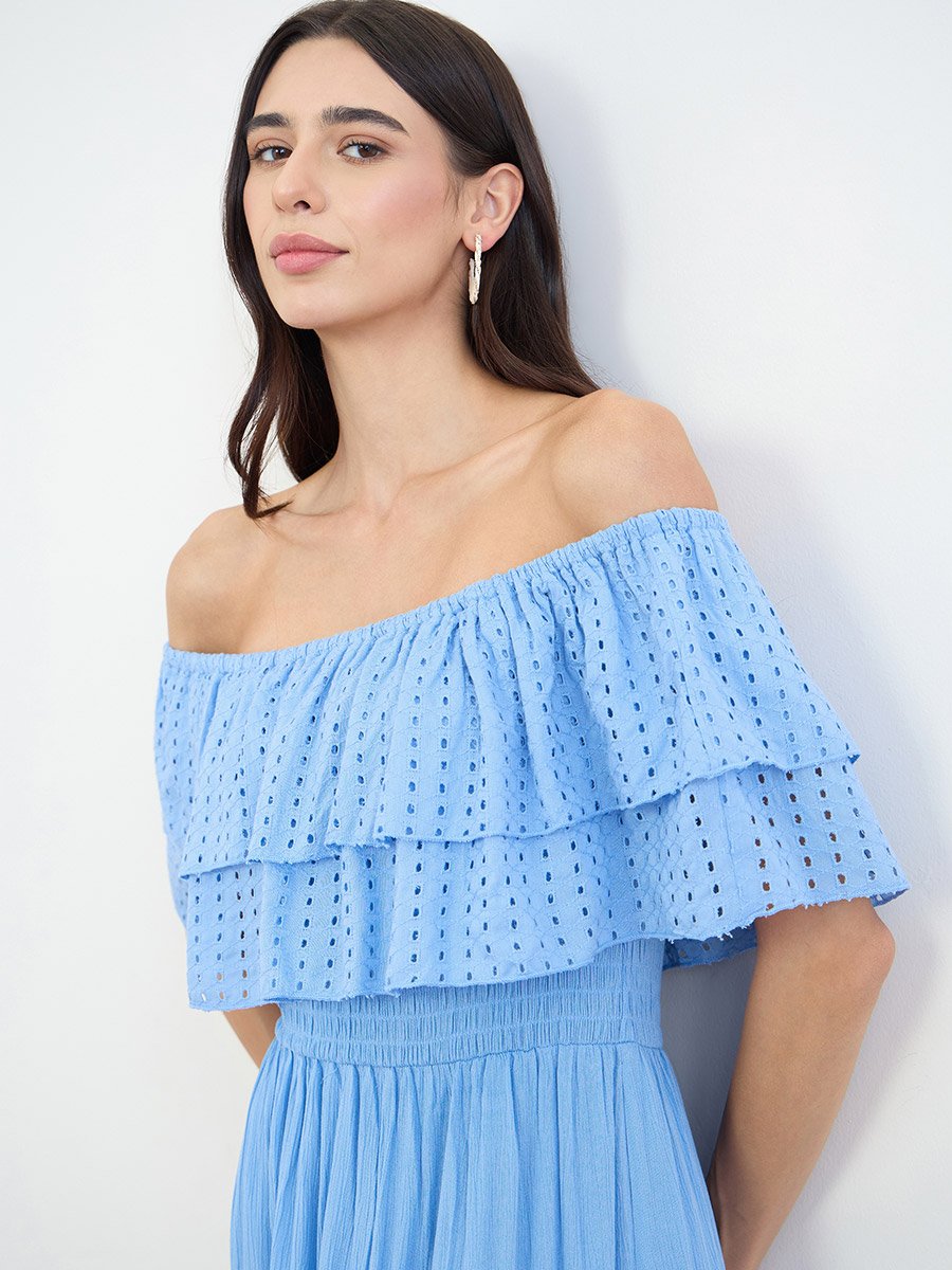 Blue Cotton Schiffli Off-Shoulder Maxi Dress