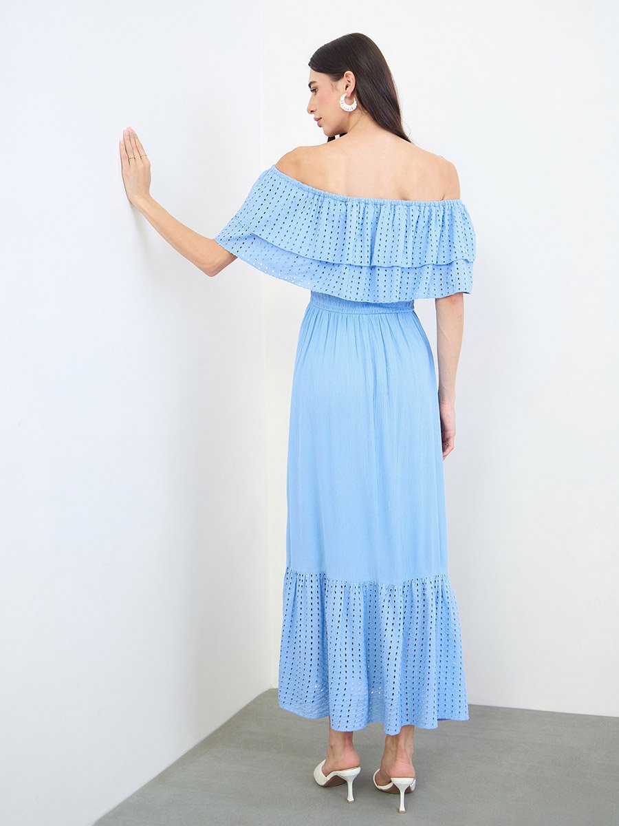 Blue Cotton Schiffli Off-Shoulder Maxi Dress