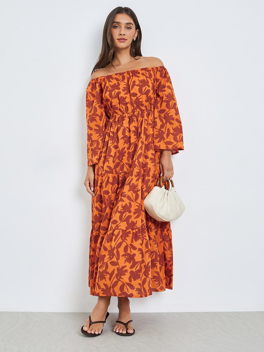 Orange Off Shoulder Cotton Tiered Maxi Dress