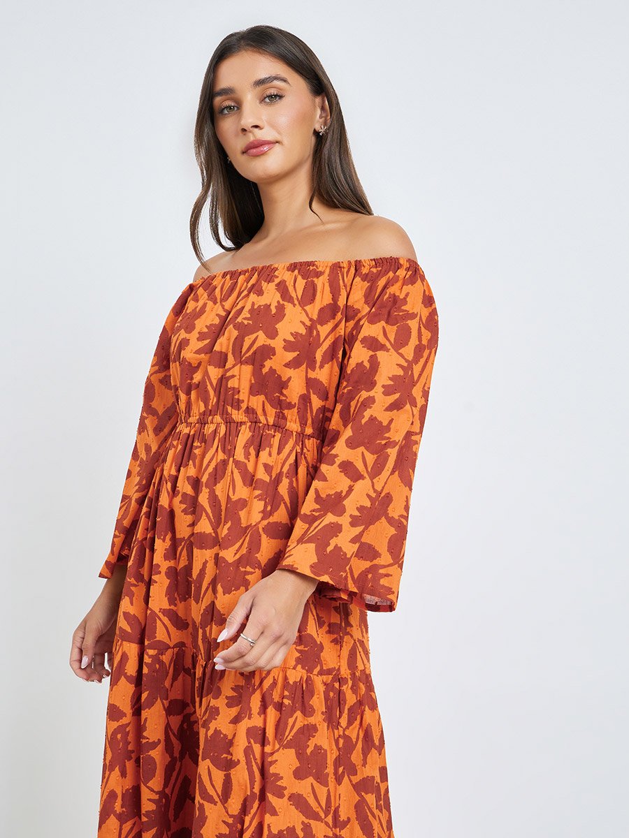 Orange Off Shoulder Cotton Tiered Maxi Dress