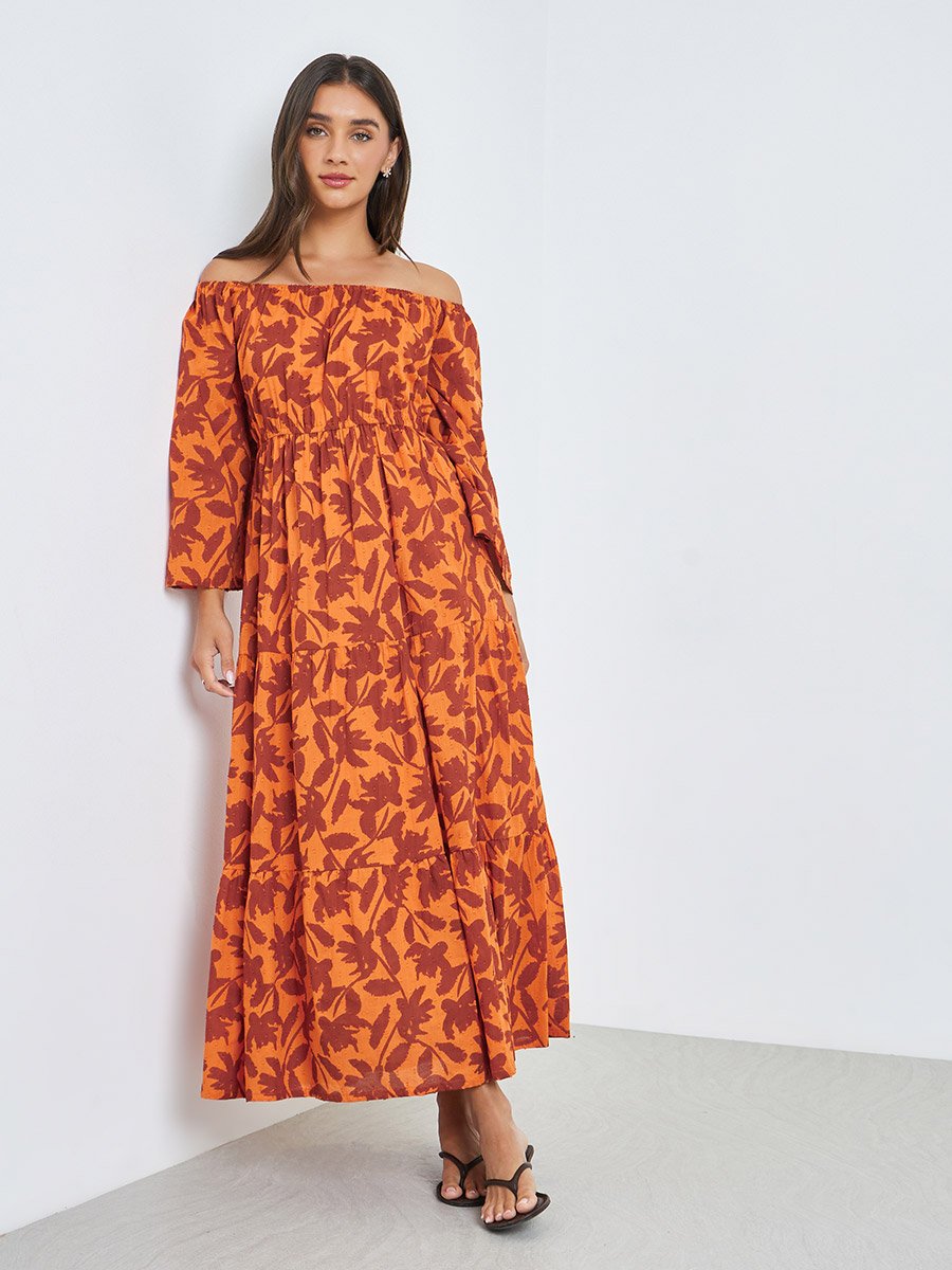 Orange Off Shoulder Cotton Tiered Maxi Dress