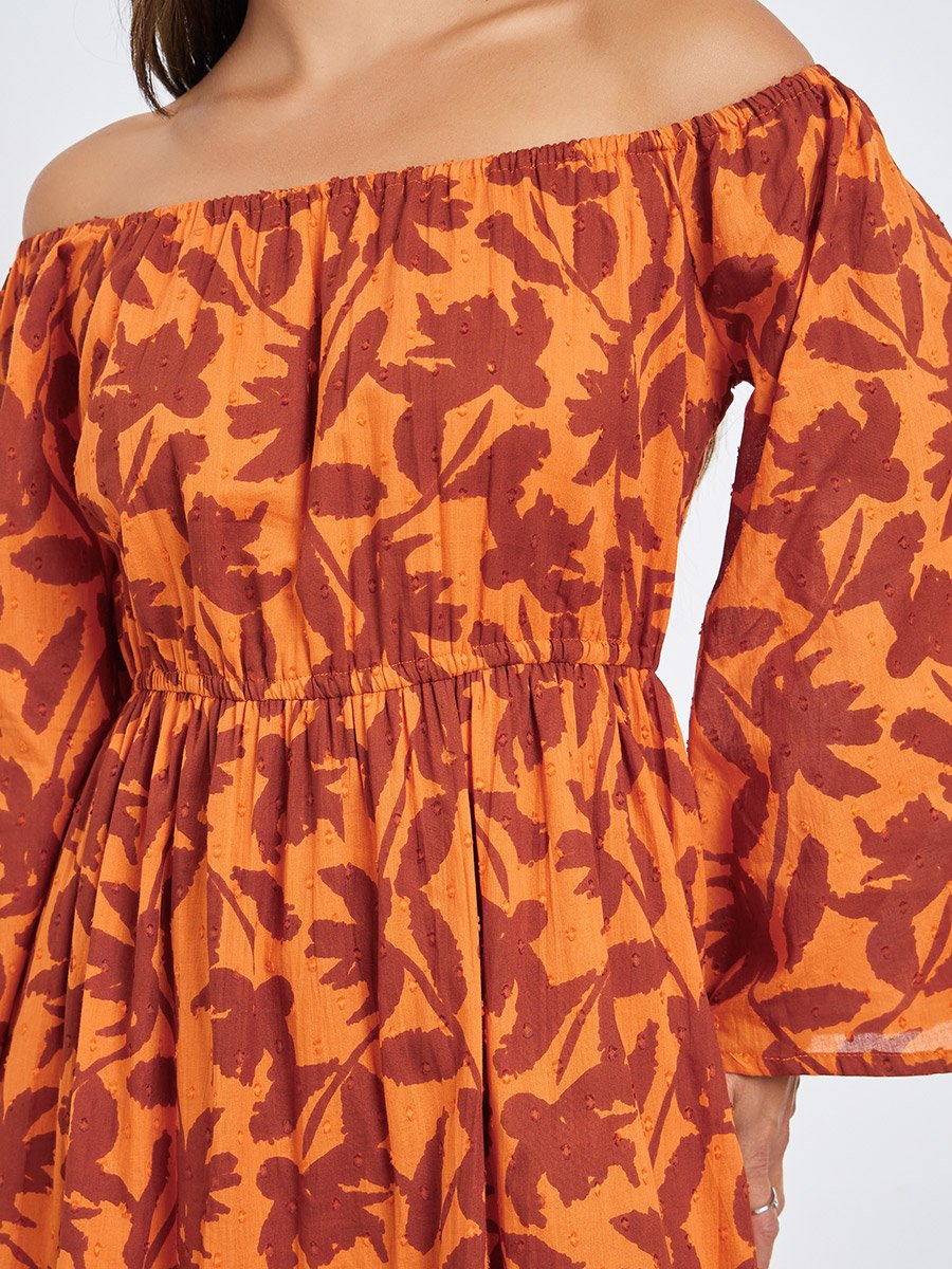 Orange Off Shoulder Cotton Tiered Maxi Dress