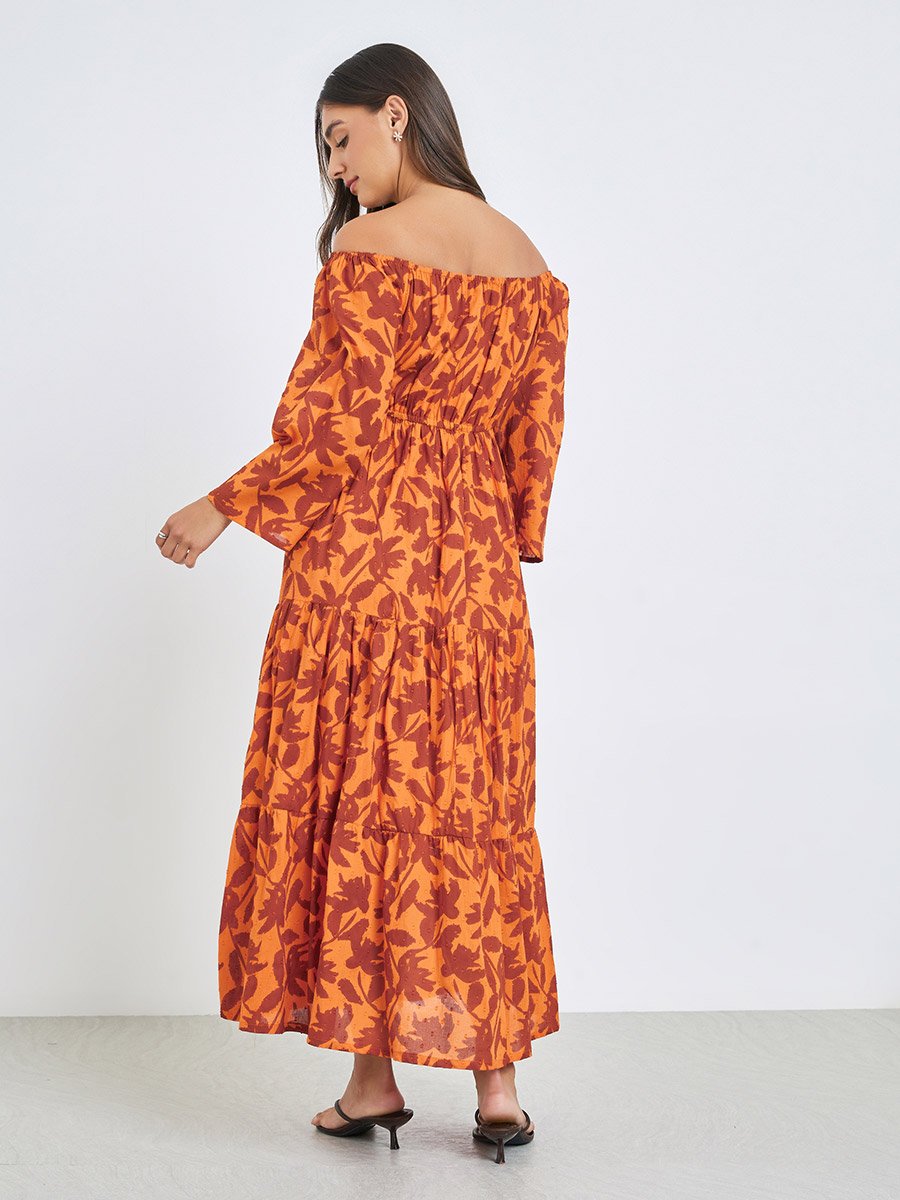 Orange Off Shoulder Cotton Tiered Maxi Dress