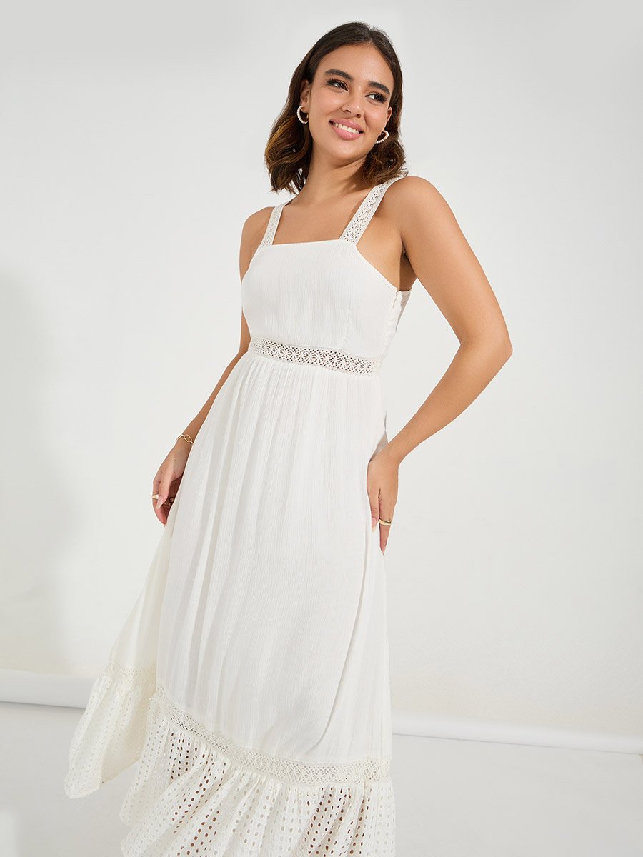 Schiffli Lace Insert Sleeveless A-Line Maxi Dress For Women at Kuwait | Styli Schiffli Lace Insert Sleeveless A-Line Maxi Dress For Women at Kuwait | Styli