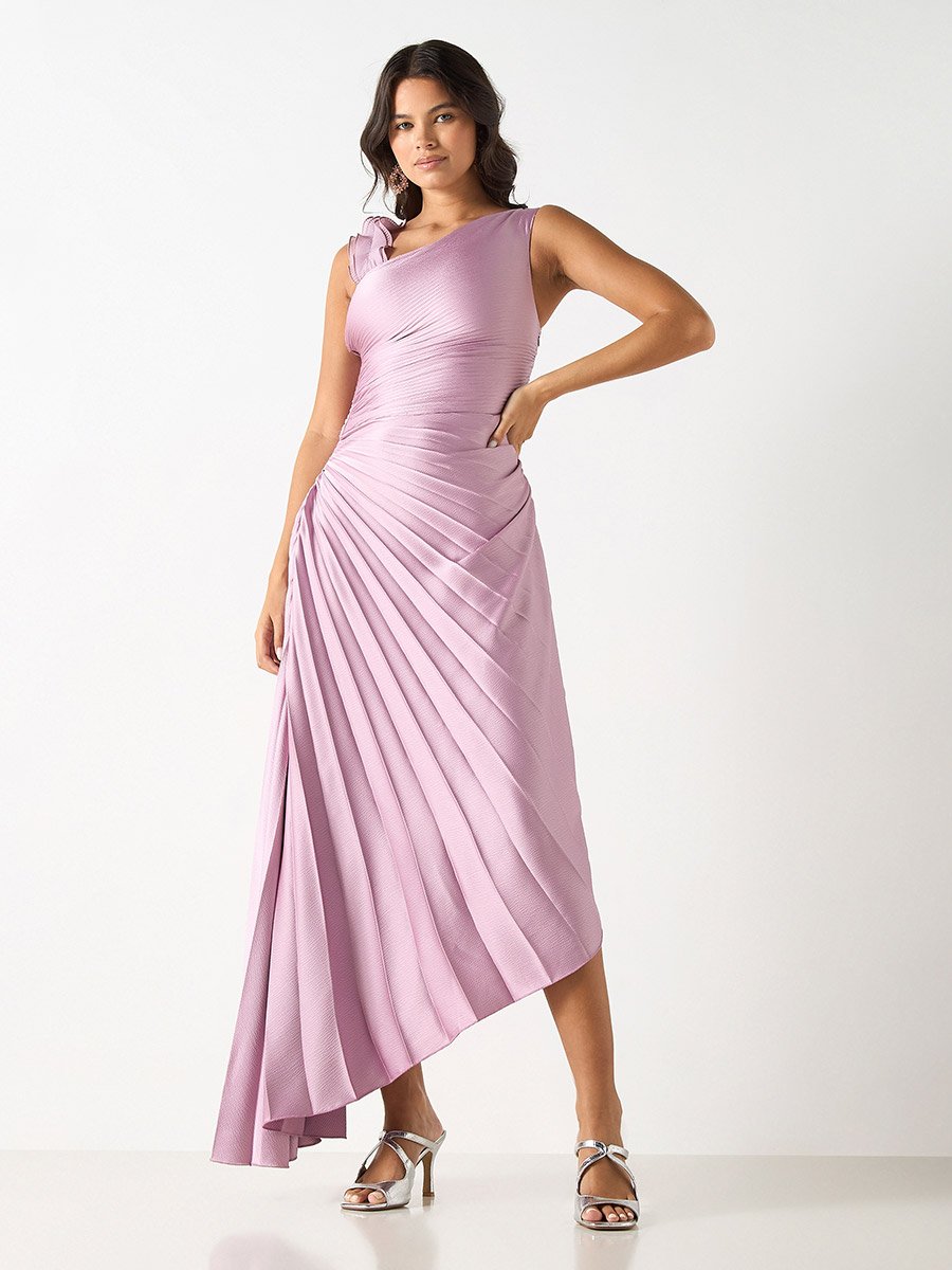 satin asymmetric strap pleated waist low back maxi dress Charmayne Asymmetric Ruffle Trim Maxi Dress Pink