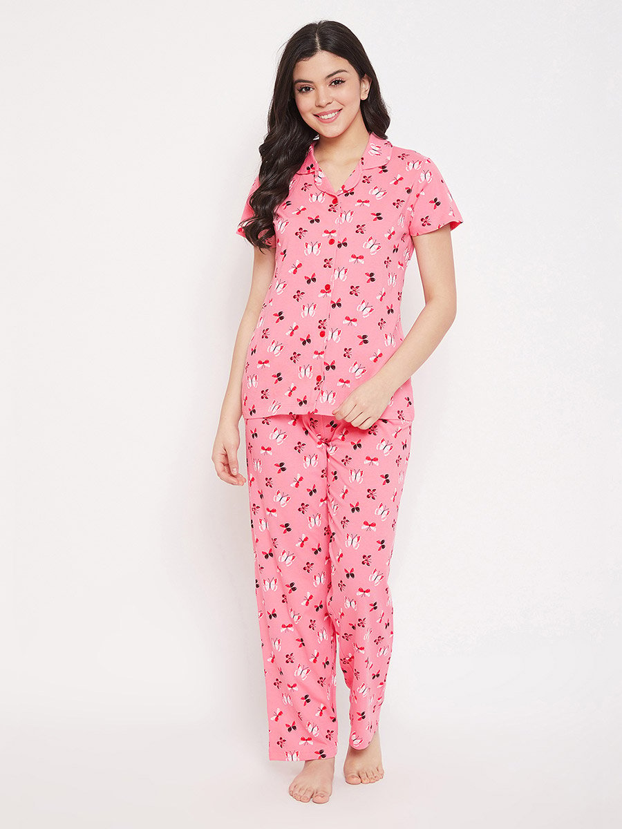 All Over Butterfly Print Short Sleeve Shirt and Drawstring Waistband Pyjama Set