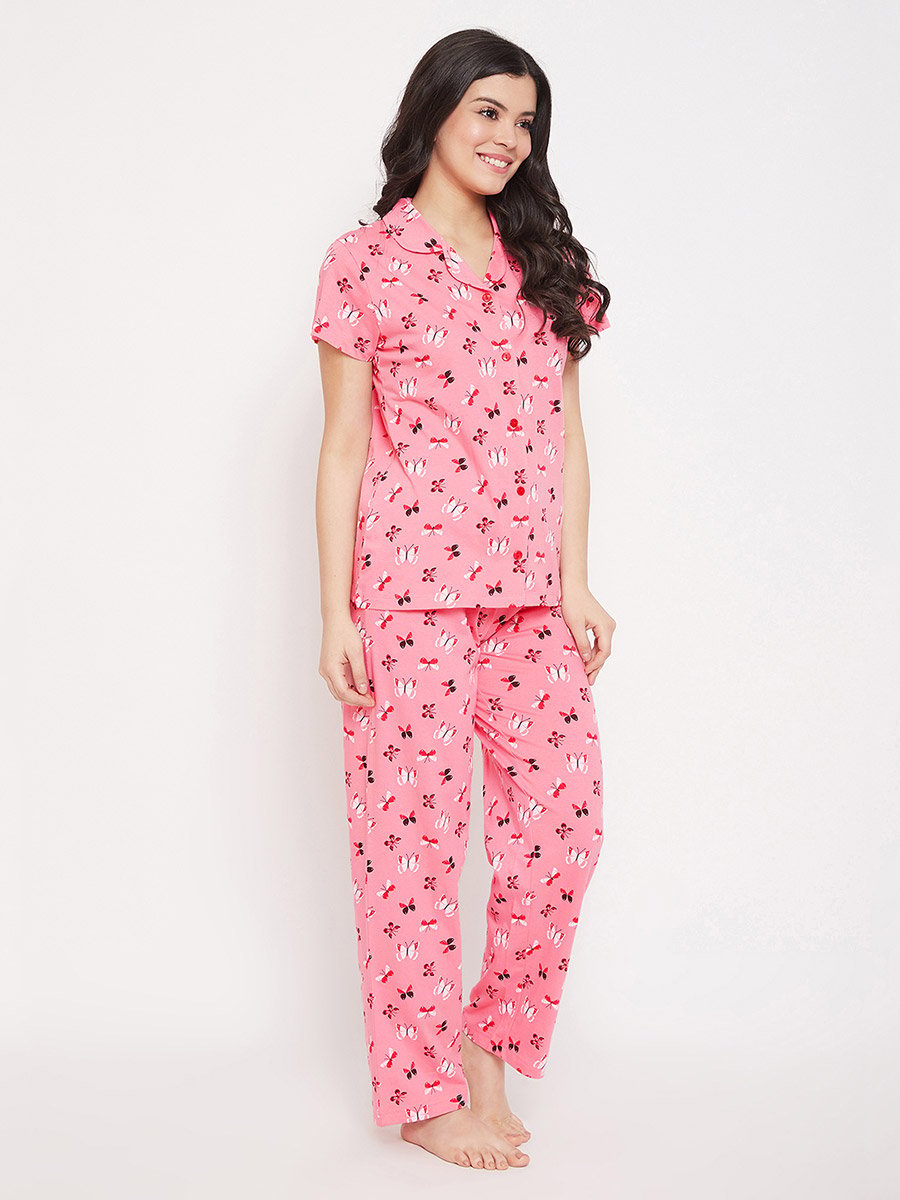 All Over Butterfly Print Short Sleeve Shirt and Drawstring Waistband Pyjama Set