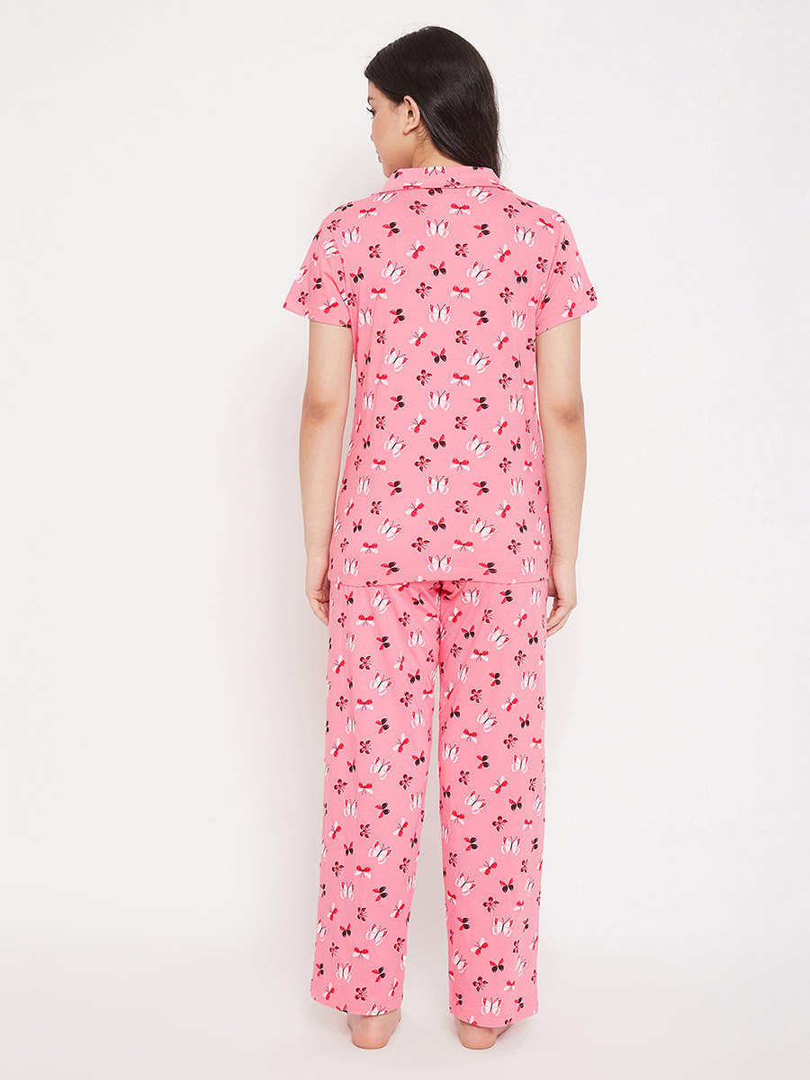 All Over Butterfly Print Short Sleeve Shirt and Drawstring Waistband Pyjama Set
