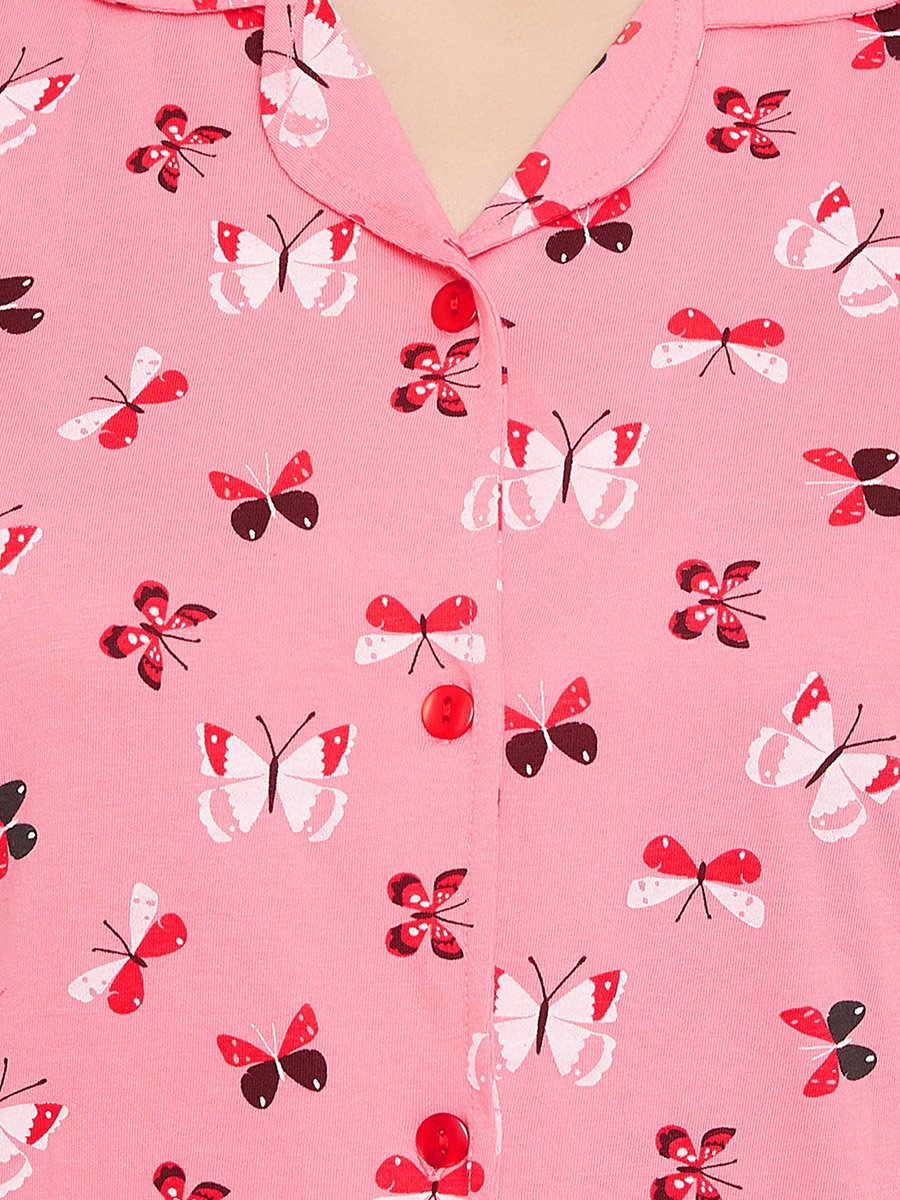 All Over Butterfly Print Short Sleeve Shirt and Drawstring Waistband Pyjama Set