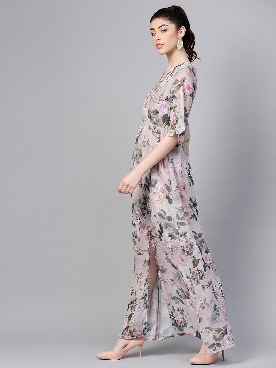 V Neck Floral Print Maxi Dress with Front Slit
