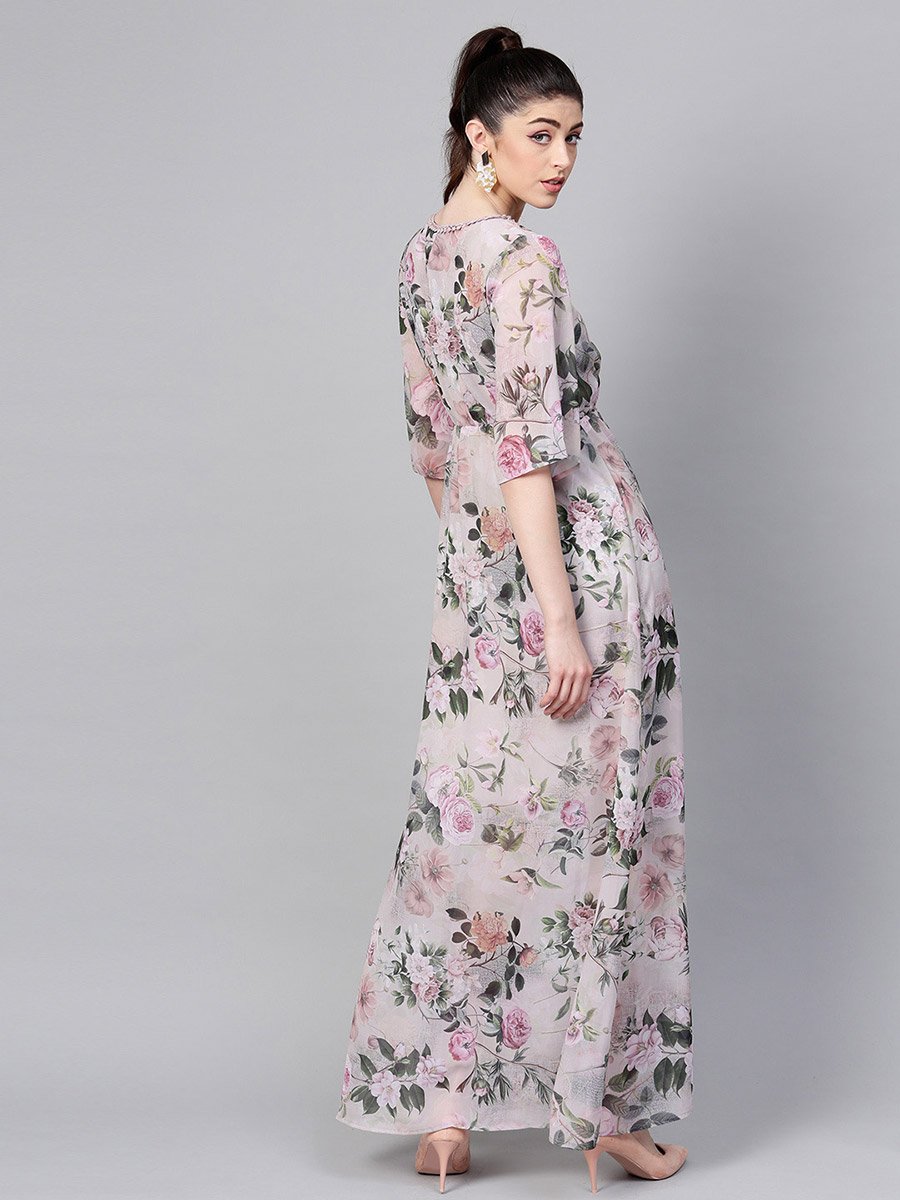 V Neck Floral Print Maxi Dress with Front Slit