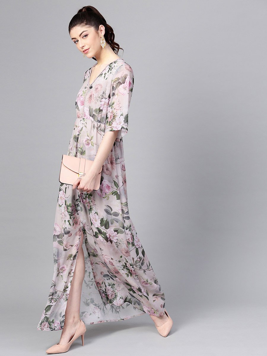 V Neck Floral Print Maxi Dress with Front Slit
