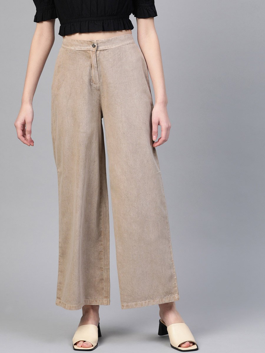 Denim Wide Leg Pants with Half-Elastic Waistband