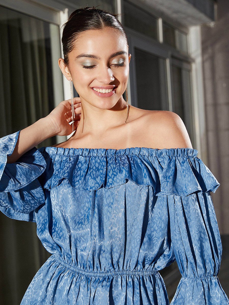 Jacquard Frill Detail Off Shoulder Peplum Top For Women at Saudi