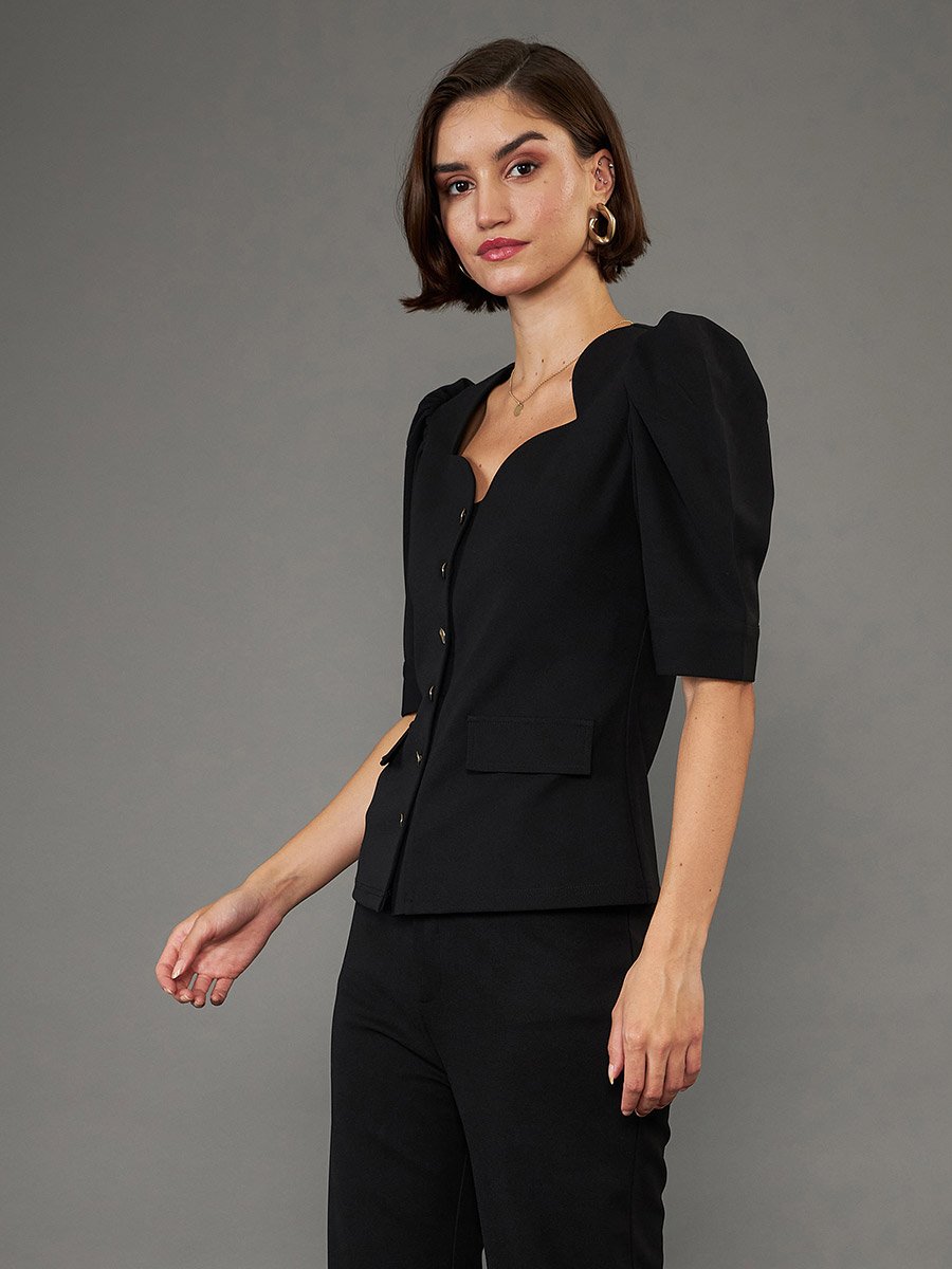 Solid Sweetheart Neck Button Closure Top with Puff Sleeves