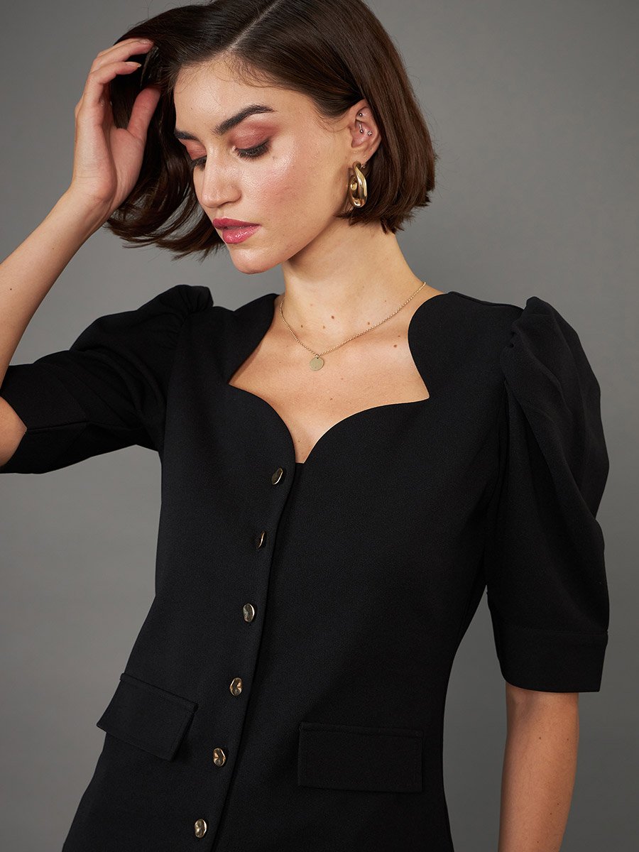 Solid Sweetheart Neck Button Closure Top with Puff Sleeves
