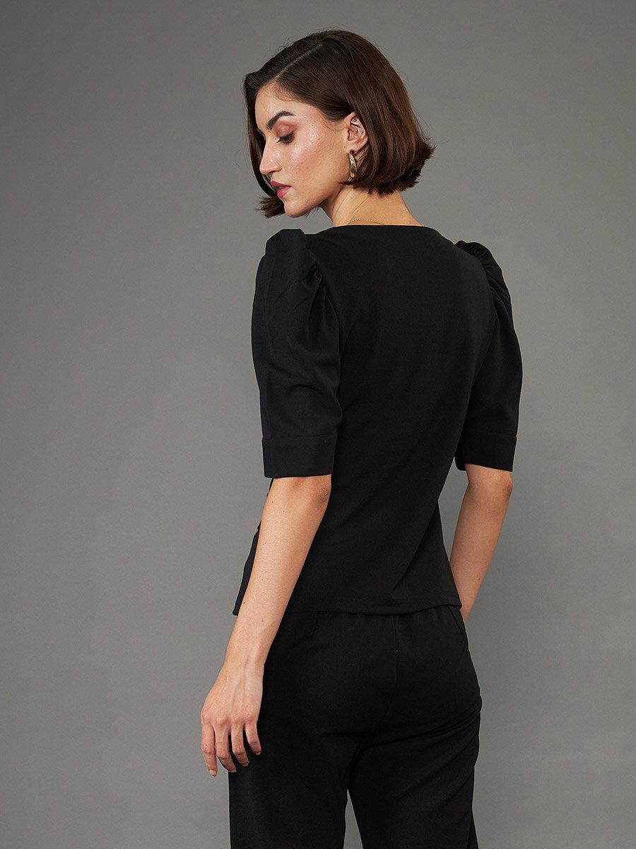 Solid Sweetheart Neck Button Closure Top with Puff Sleeves