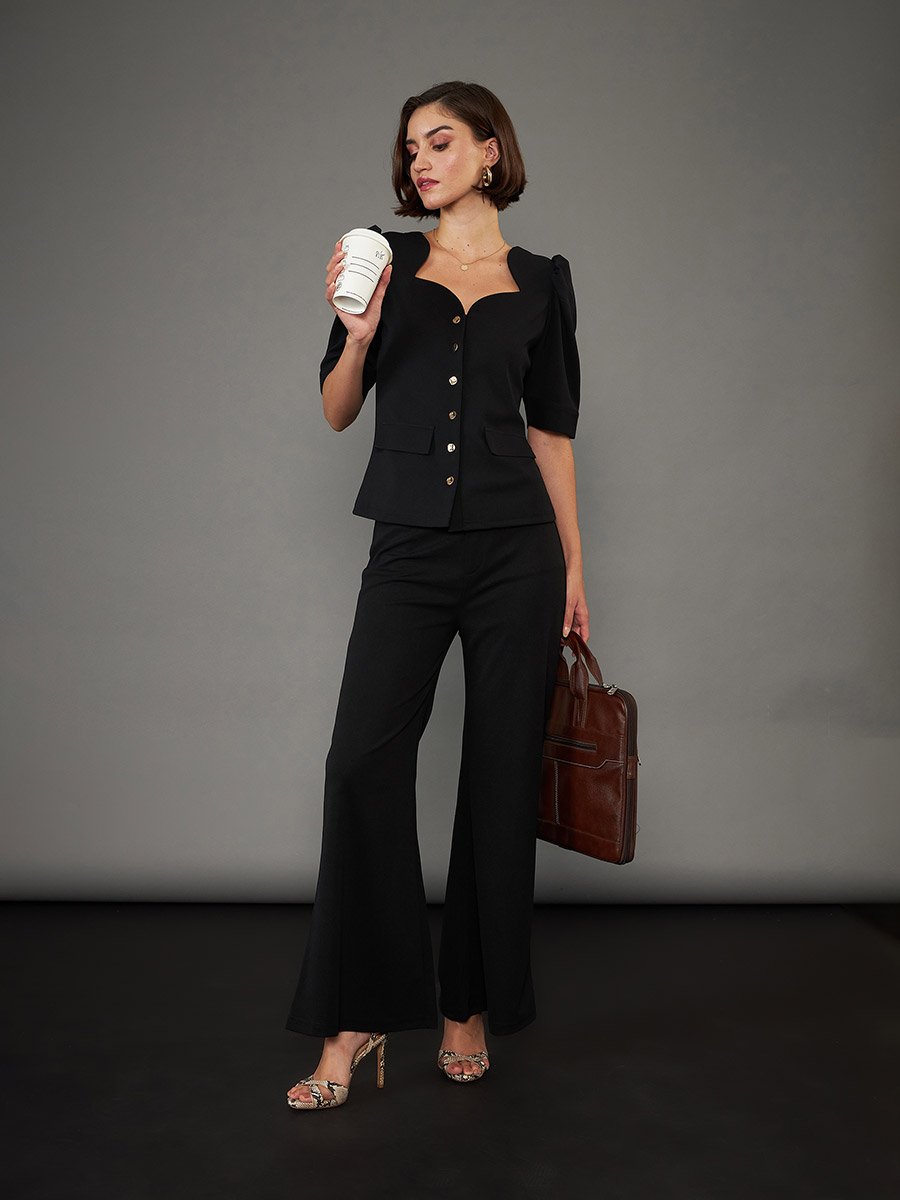 Solid Sweetheart Neck Button Closure Top with Puff Sleeves