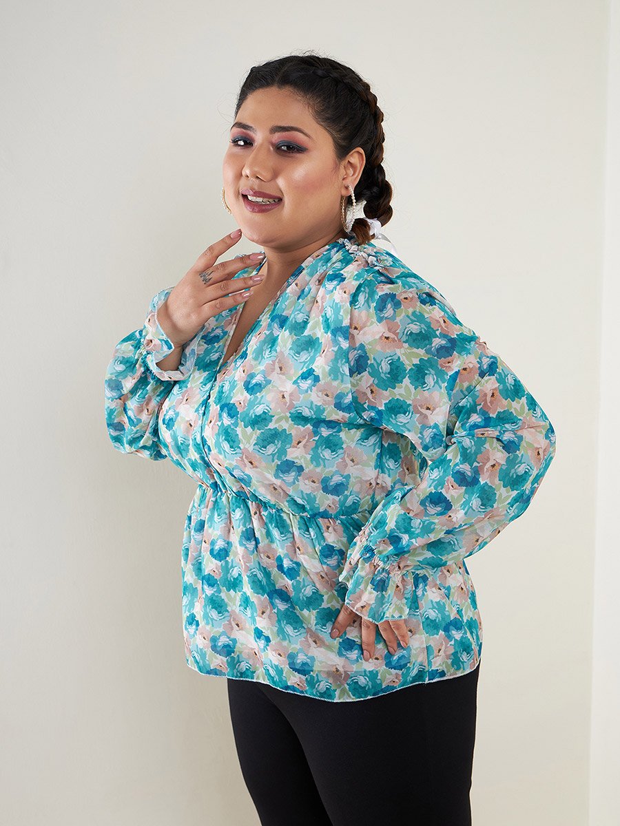 Plus Floral Print V Neck Peplum Top