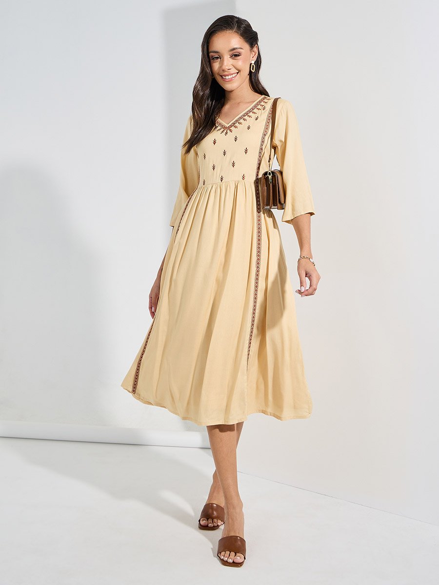 Embroidered Panel V Neck A-Line Midi Dress