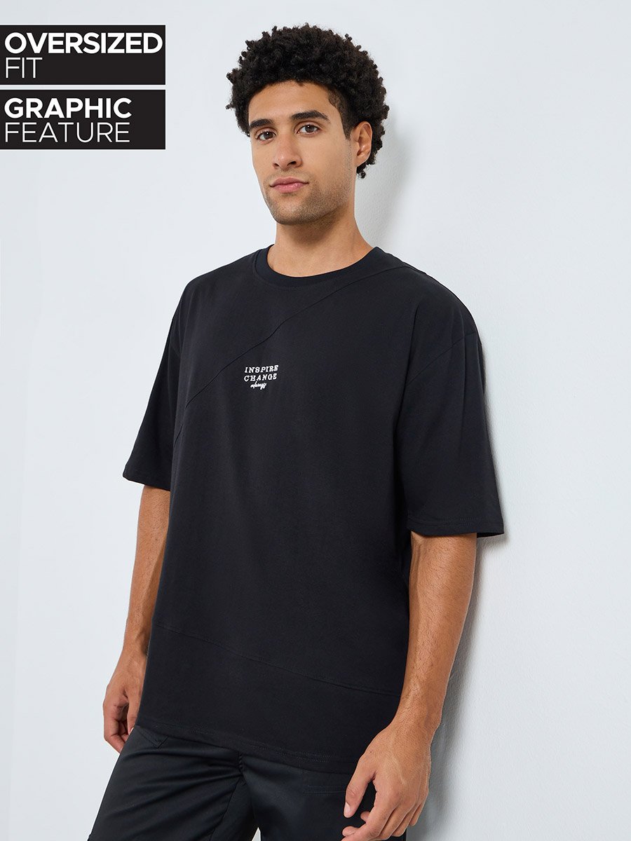 Men Black Oversized Embroidered T-Shirt