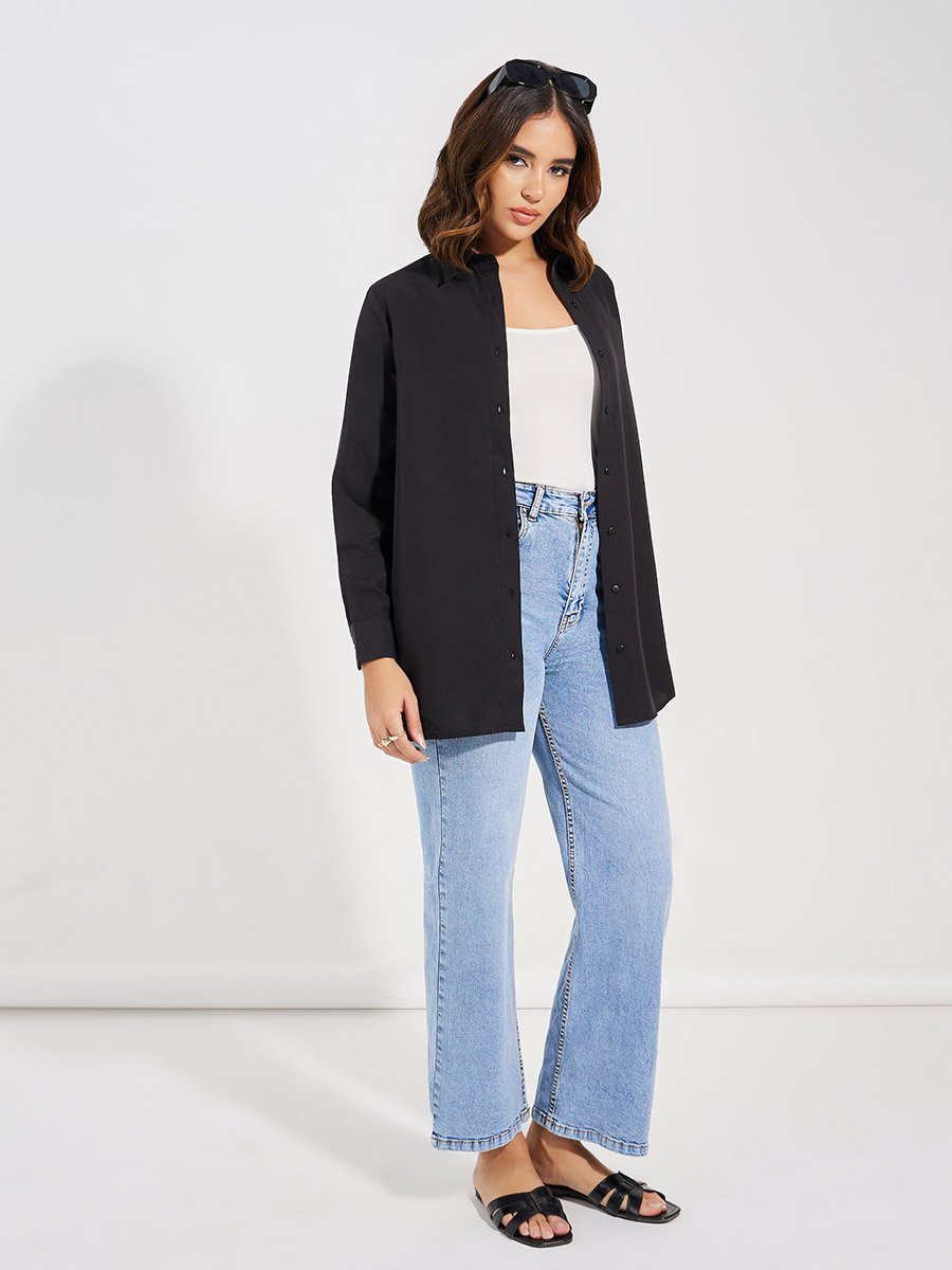 Black Button Front Woven Longline Shirt