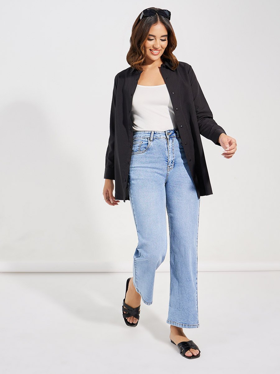 Black Button Front Woven Longline Shirt