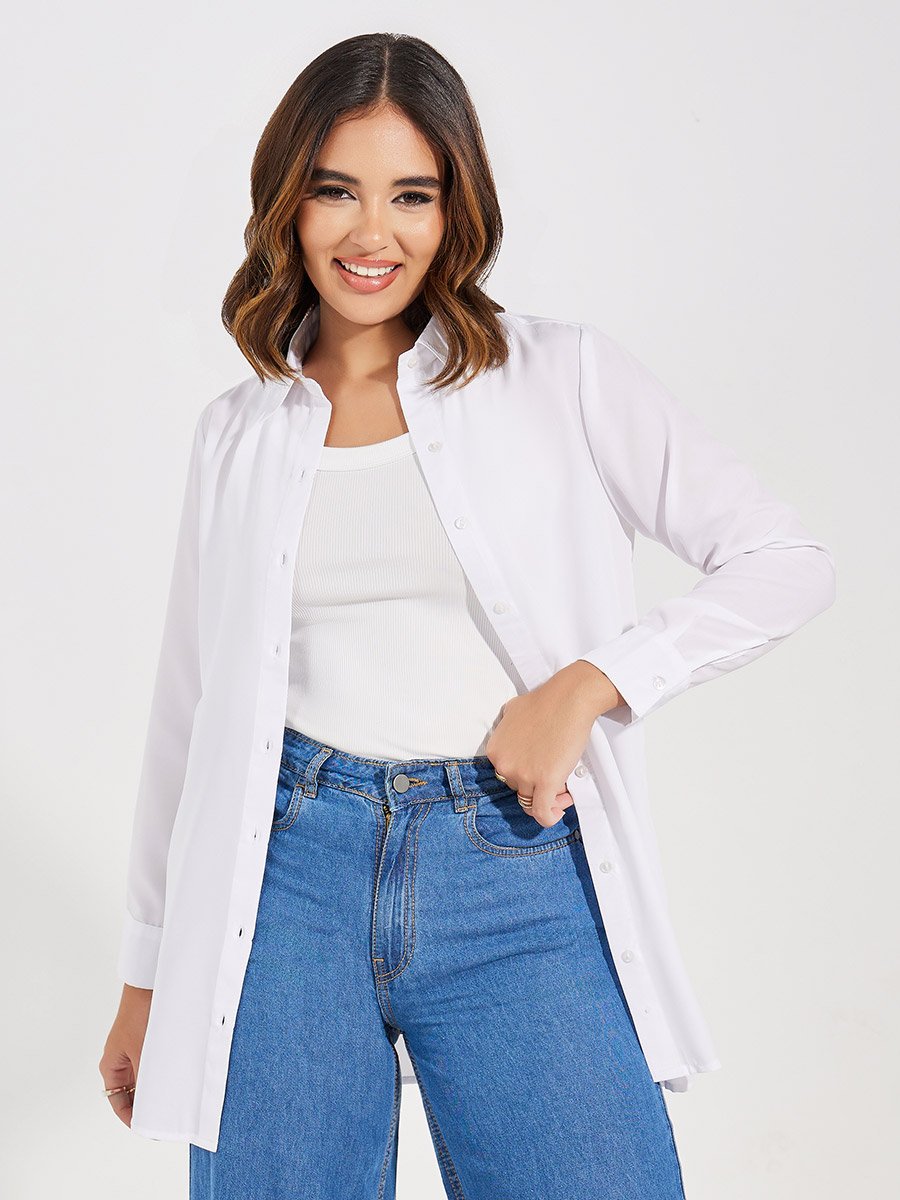 White Button Front Woven Longline Shirt