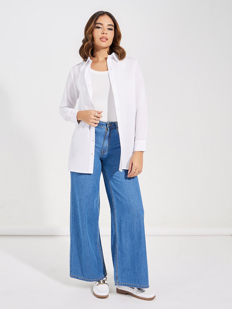 White Button Front Woven Longline Shirt