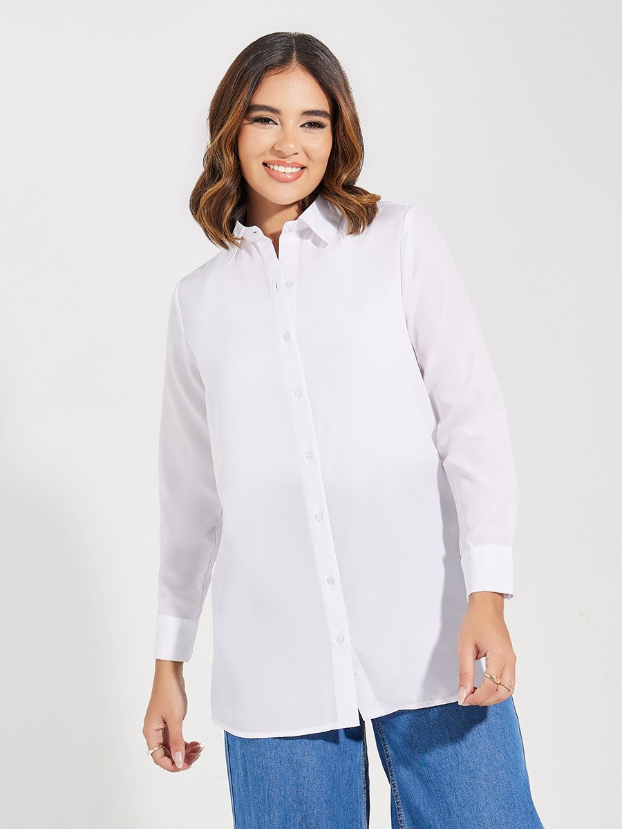 White Button Front Woven Longline Shirt