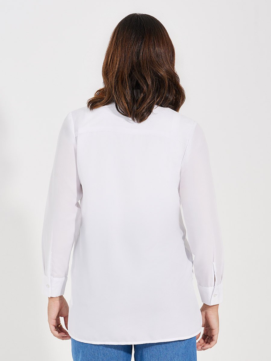 White Button Front Woven Longline Shirt