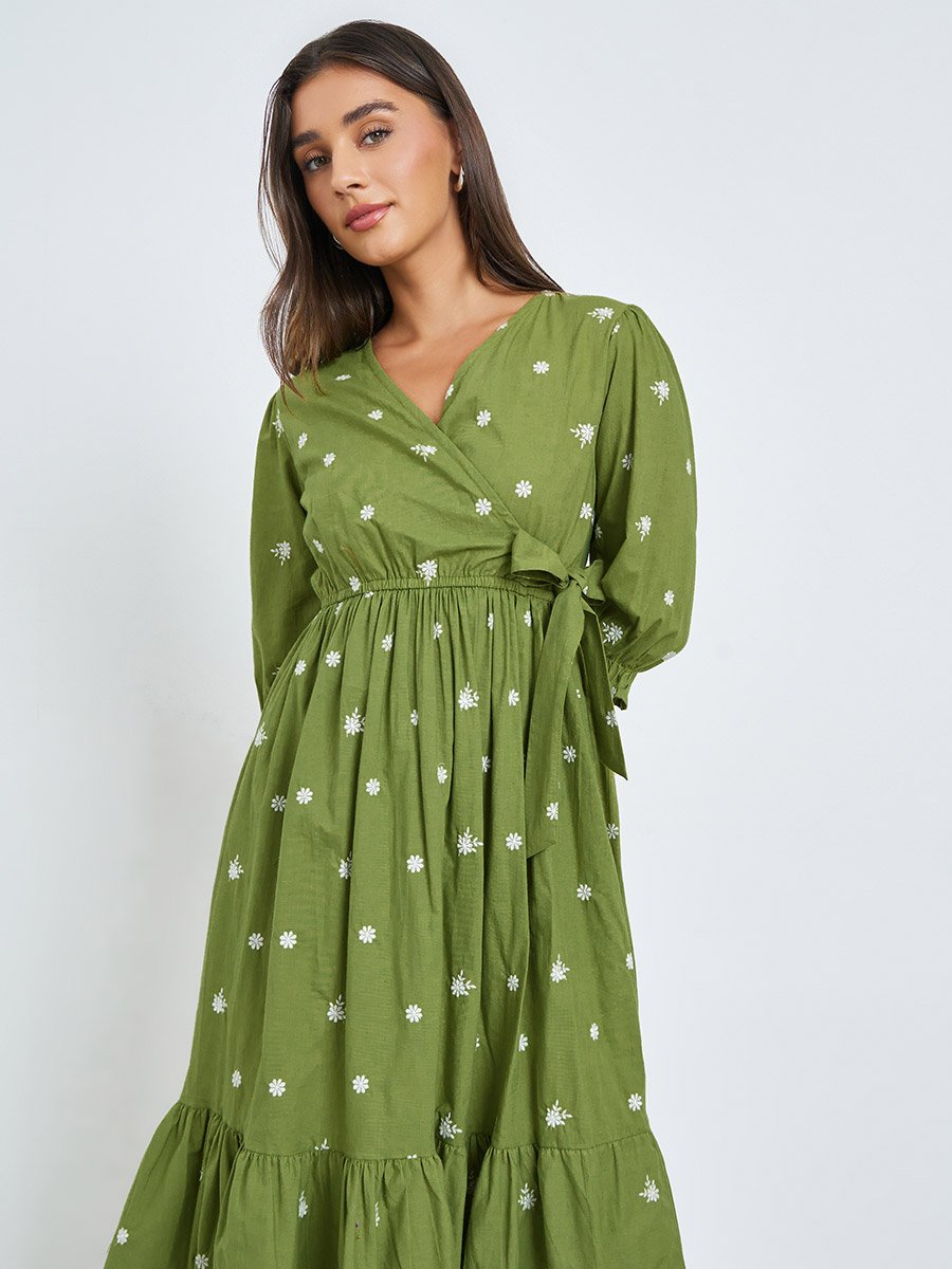 Olive Embroidered Midi Dress with 3/4 Sleeves