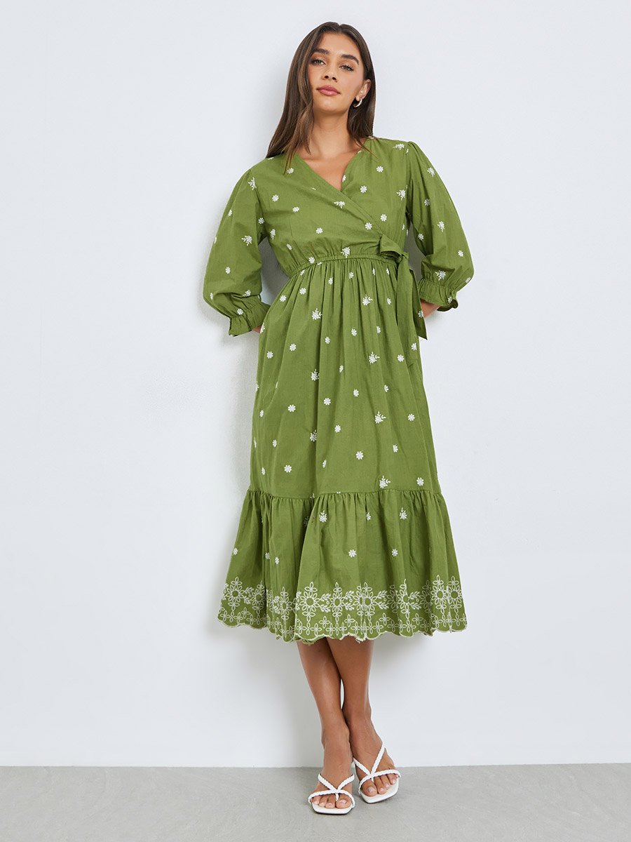 Olive Embroidered Midi Dress with 3/4 Sleeves