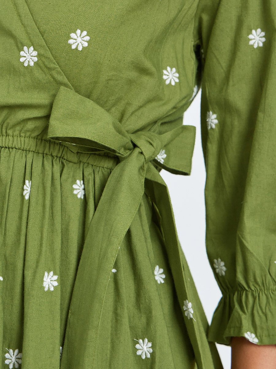Olive Embroidered Midi Dress with 3/4 Sleeves For Women at Qatar | Styli