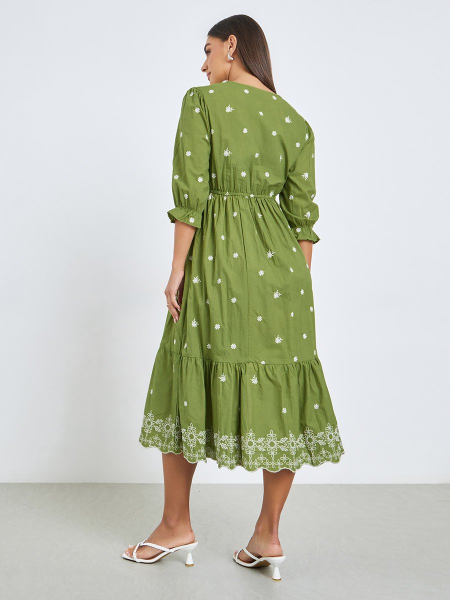 Olive Embroidered Midi Dress with 3/4 Sleeves