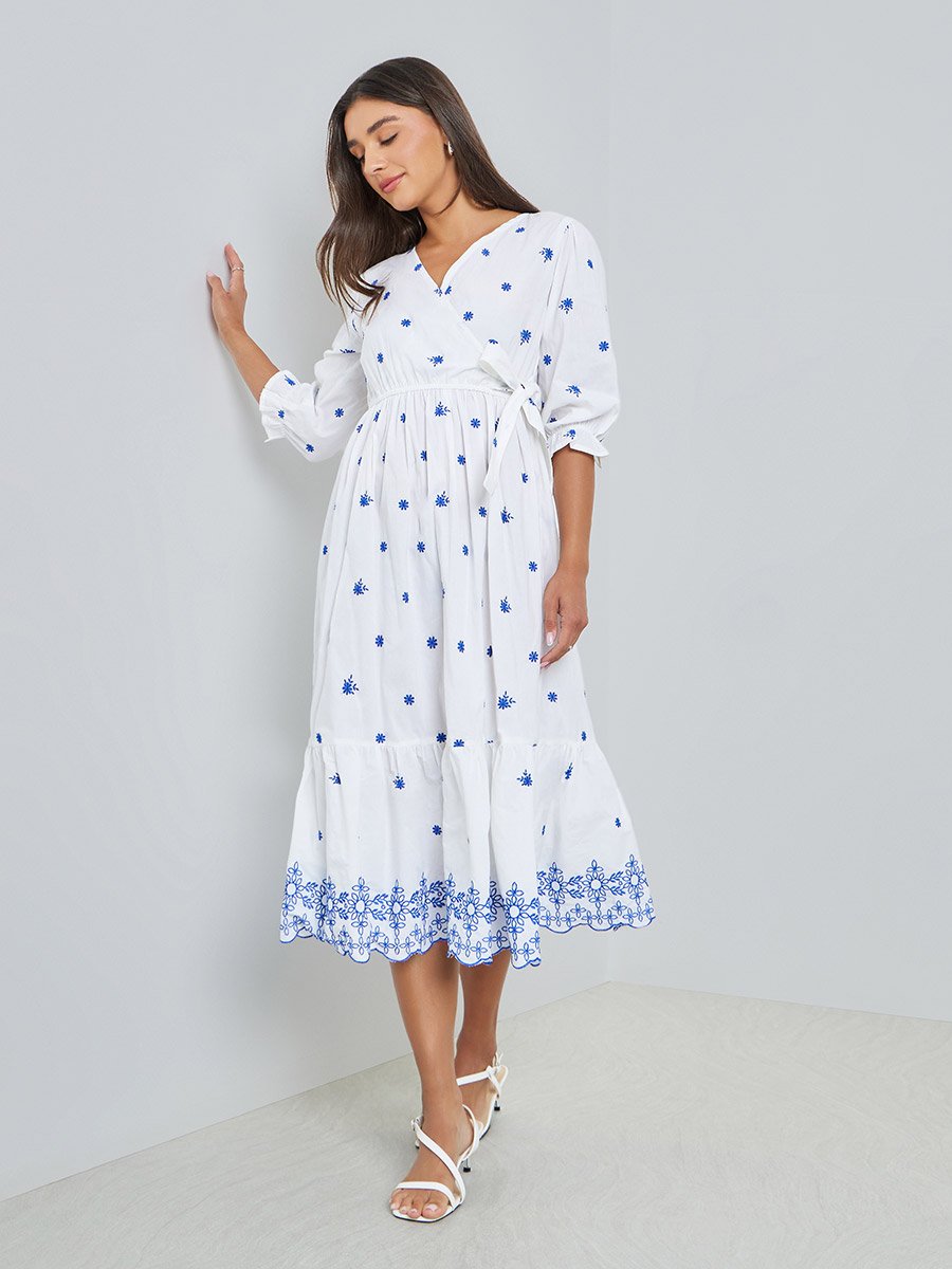 White Embroidered Midi Dress with 3/4 Sleeves