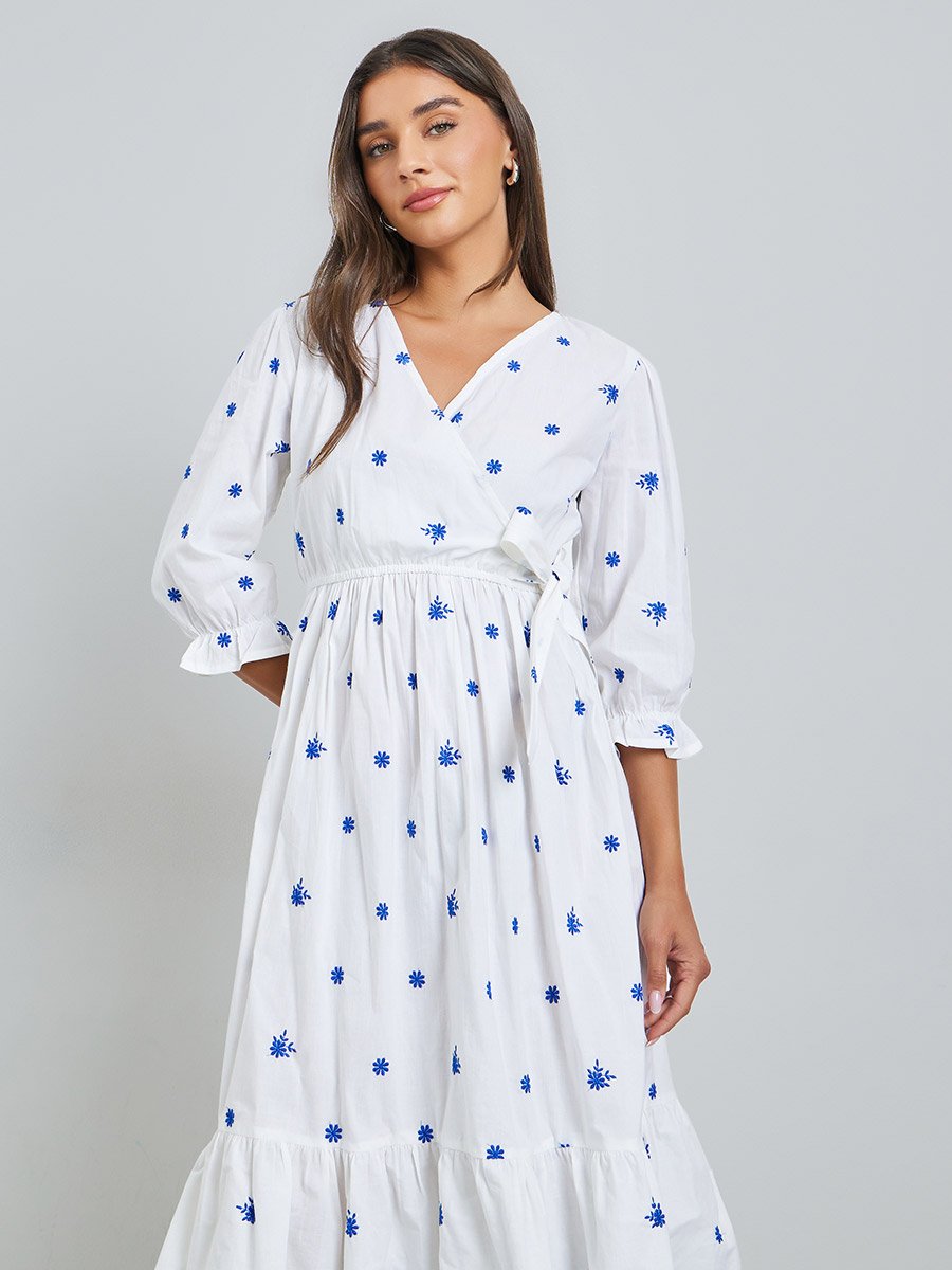 White Embroidered Midi Dress with 3/4 Sleeves