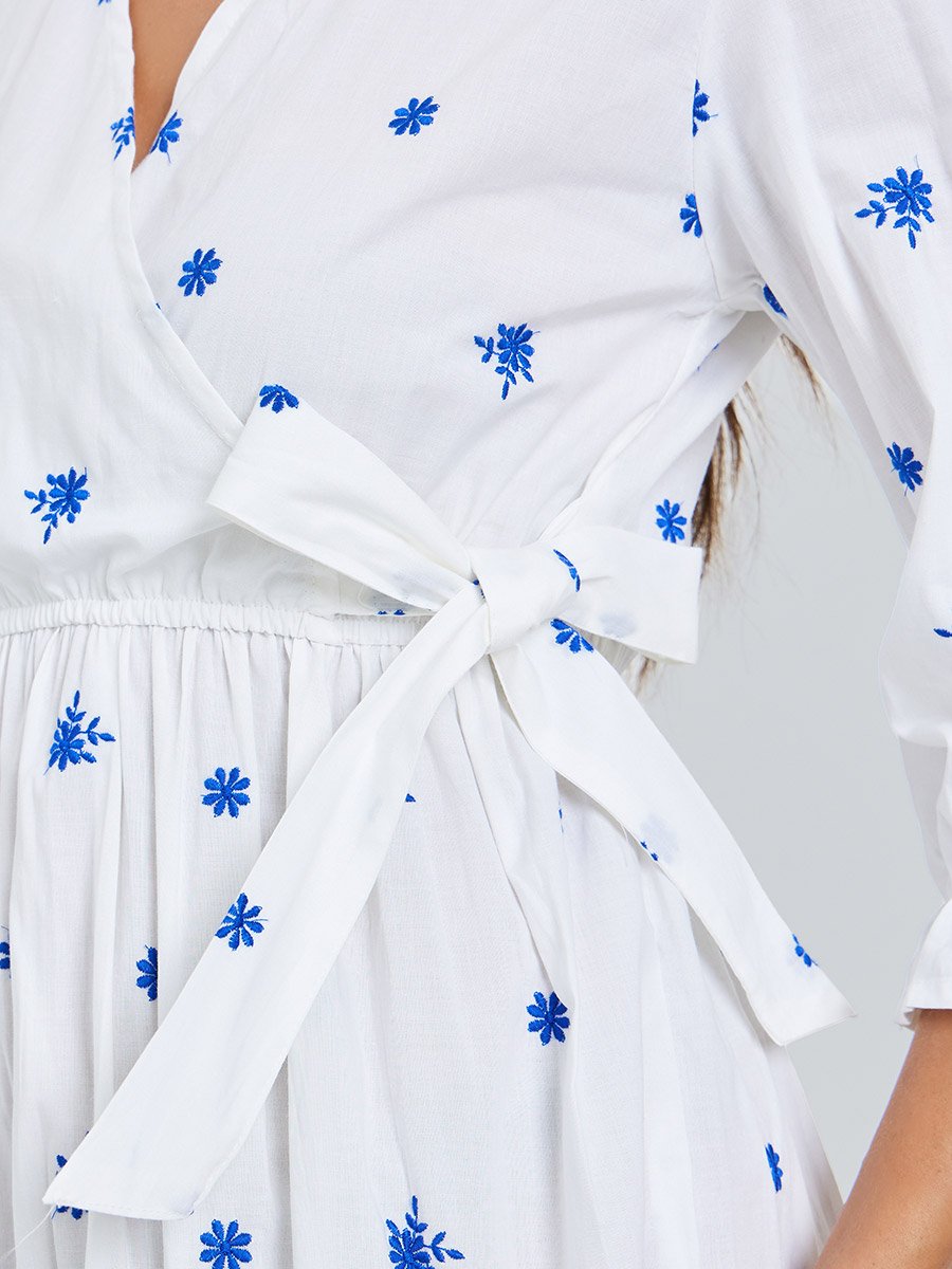 White Embroidered Midi Dress with 3/4 Sleeves