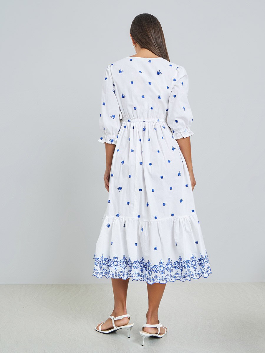 White Embroidered Midi Dress with 3/4 Sleeves
