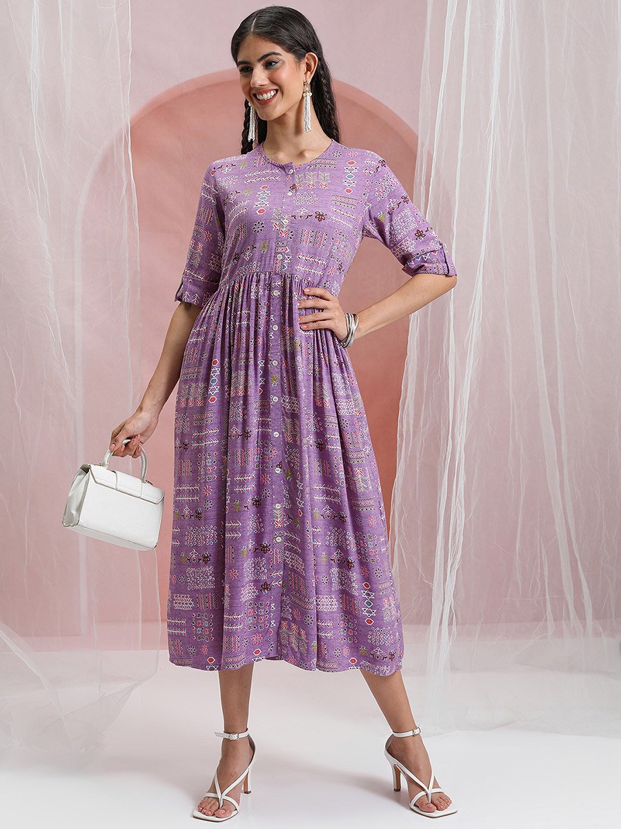 Boho Tribal Print A-Line Midi Dress For Women at Kuwait | Styli Boho Tribal Print A-Line Midi Dress For Women at Kuwait | Styli