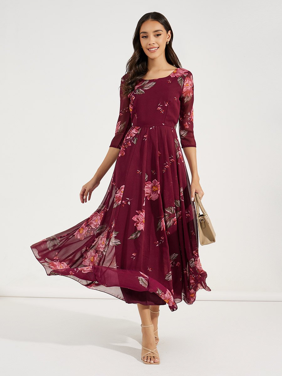 Box Pleated 3/4 Sleeves Printed Maxi Dress For Women at UAE | Styli