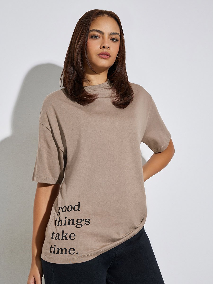 Oversized Slogan Print Longline 100% Cotton T-Shirt