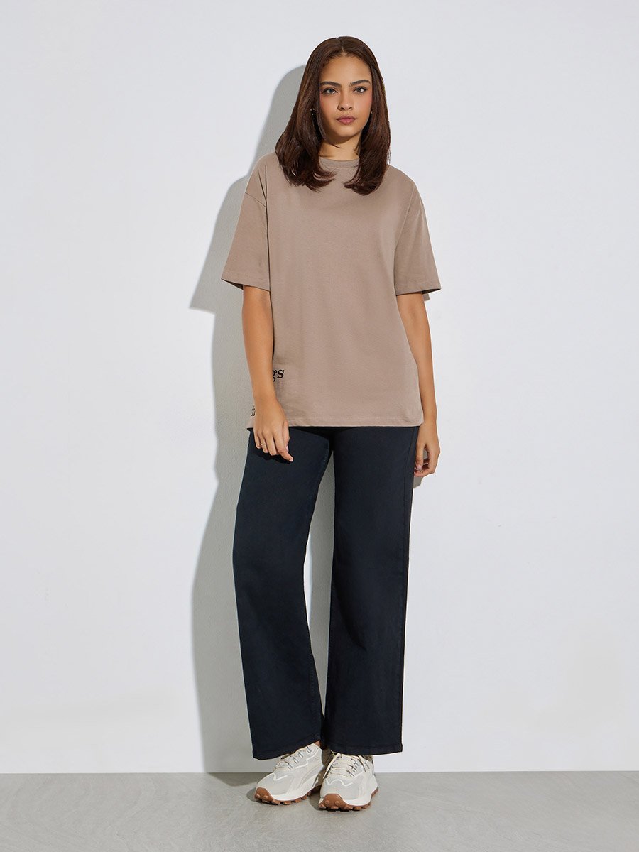 Oversized Slogan Print Longline 100% Cotton T-Shirt