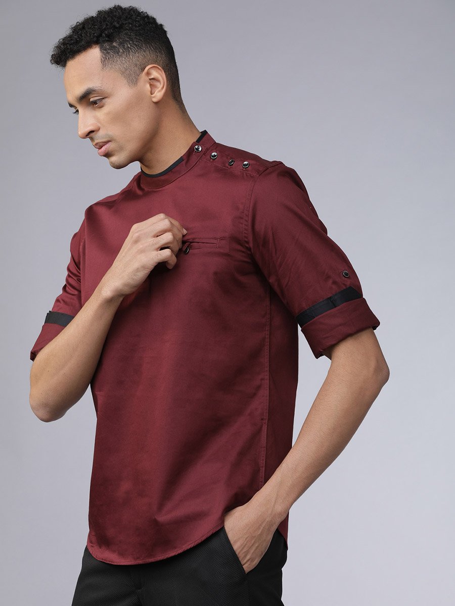 Piped Mandarin Collar Shirt with Shoulder Placket