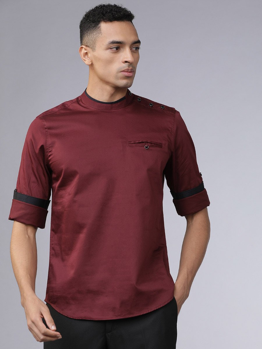 Piped Mandarin Collar Shirt with Shoulder Placket
