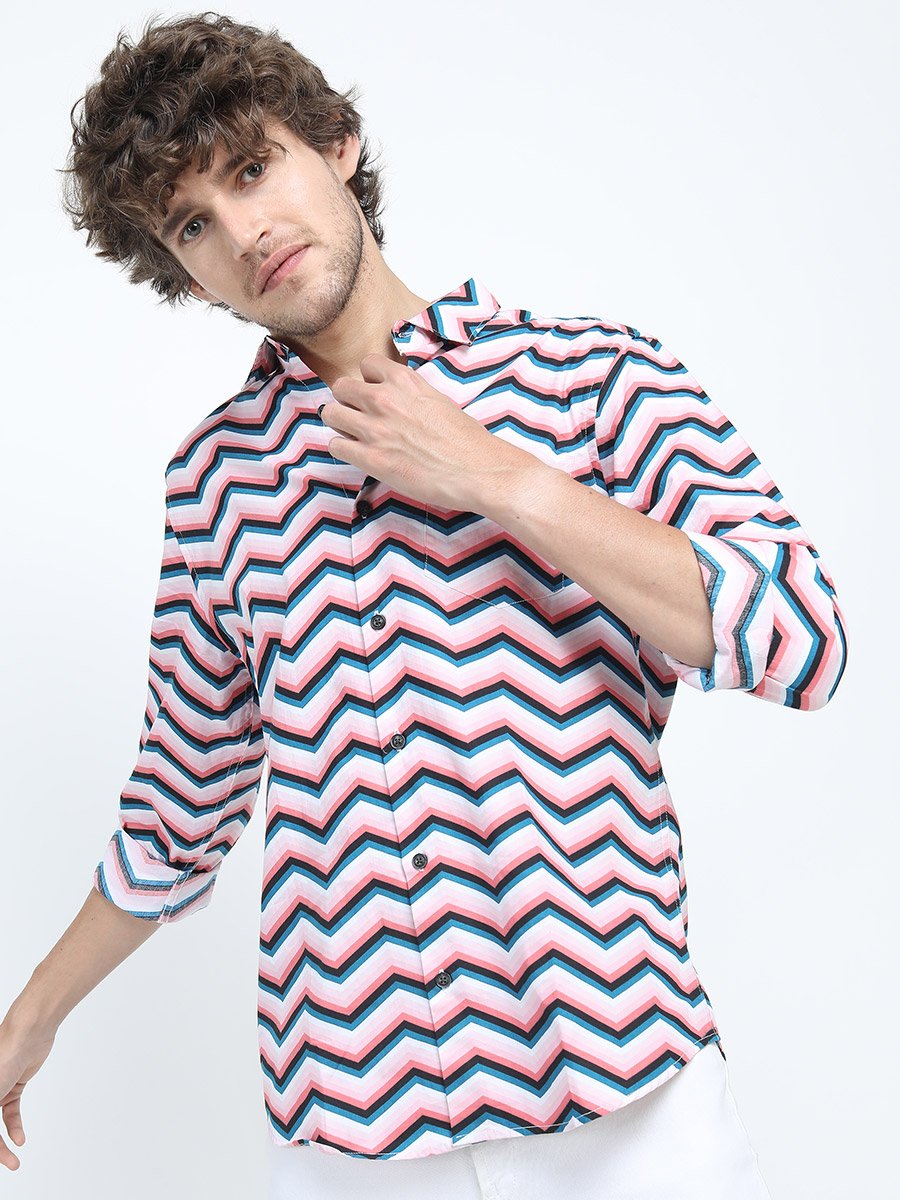 Zigzag Stripe Slim Fit Shirt with Long Sleeves