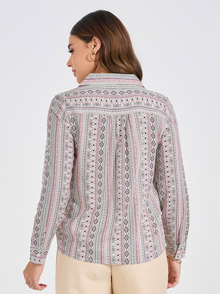 Geometric Print Button Down Shirt with Long Sleeves