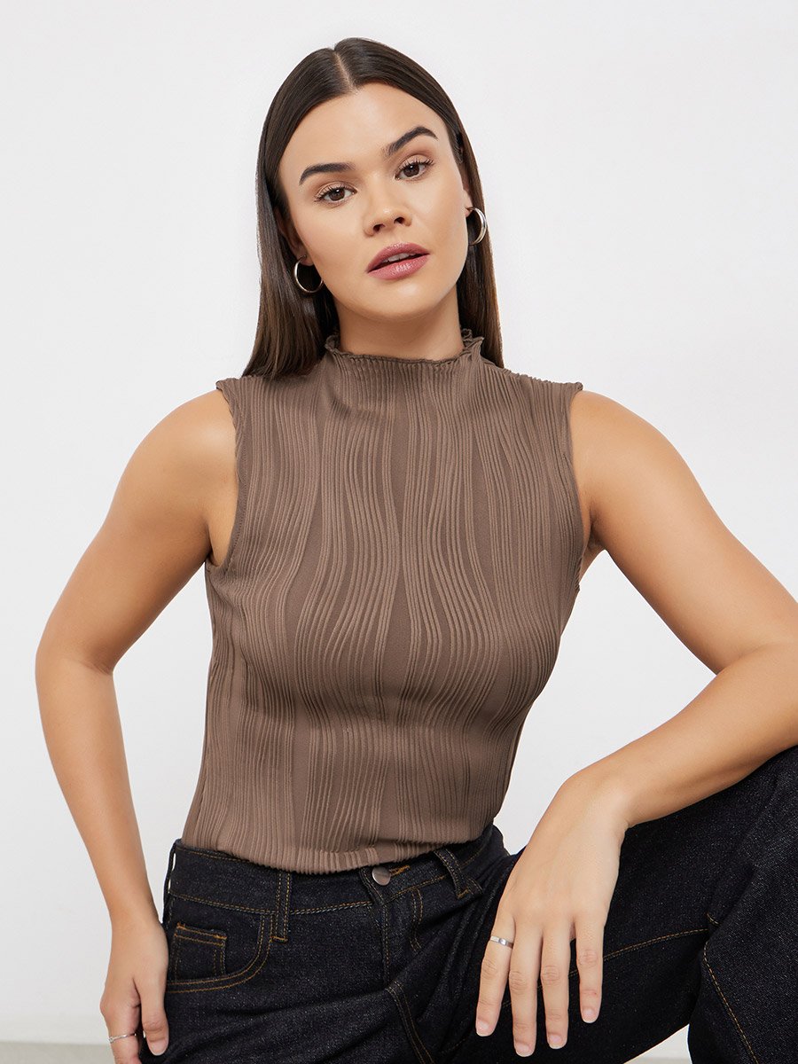 Textured Knit High Neck Fitted Tank Top